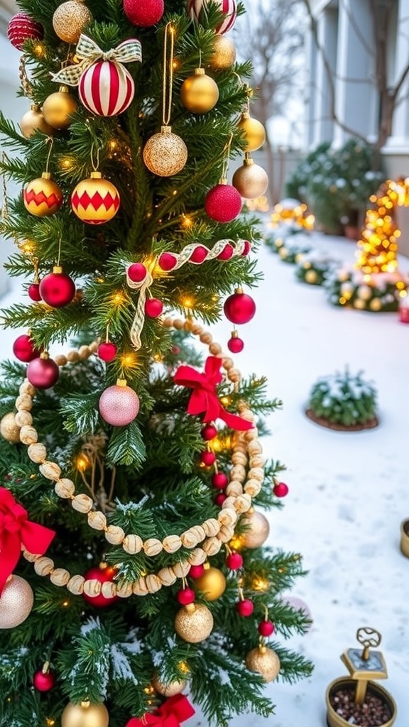 An outdoor Christmas tree decorated with DIY ornaments and lights in a snowy setting.